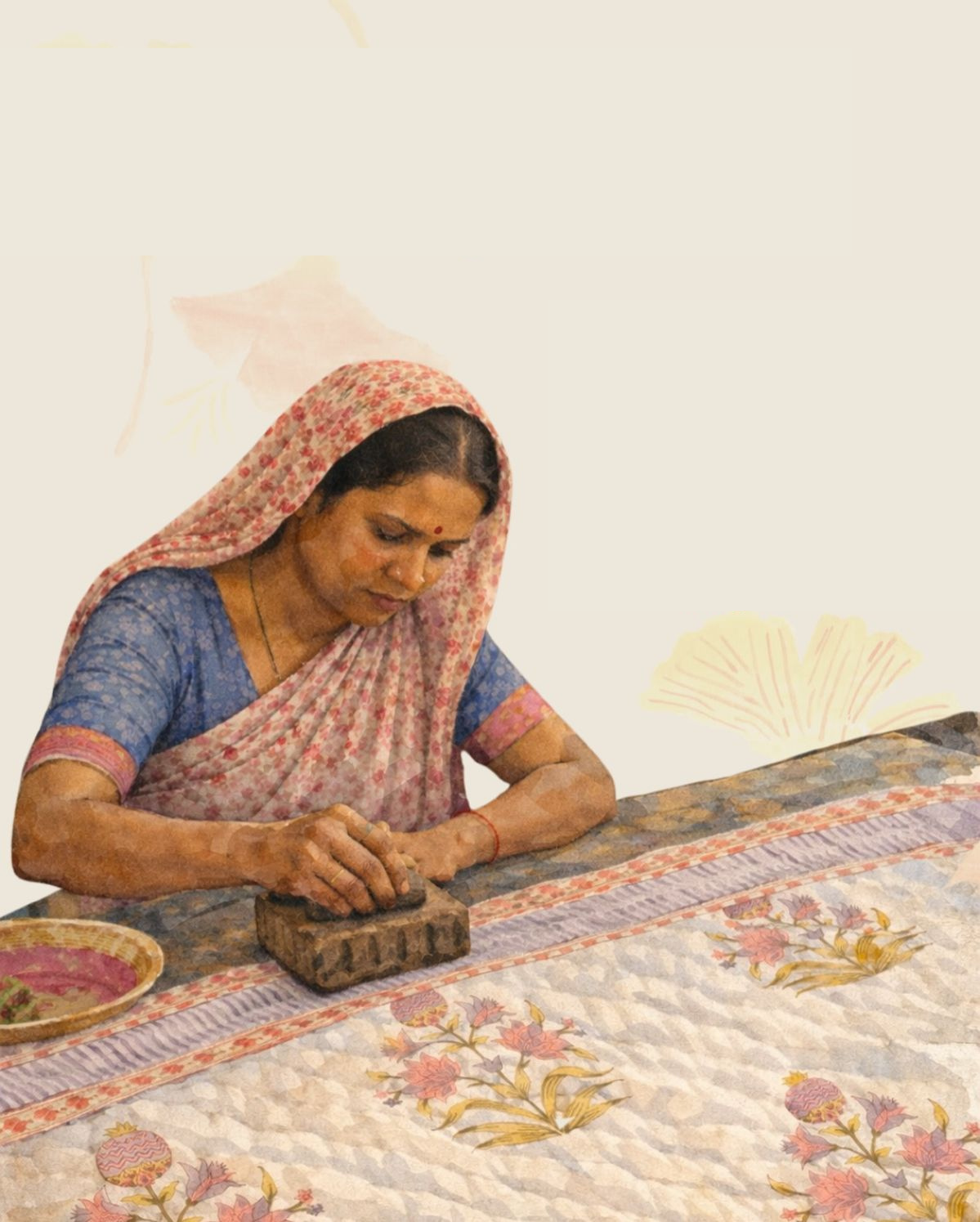 Artisan hands block-printing fabric
