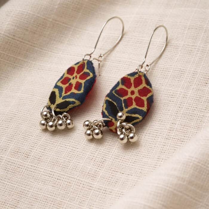 Blue and red Ajrakh block-print fabric earrings