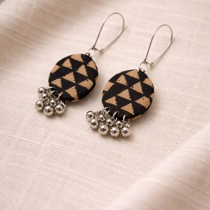 Black and tan geometric fabric earrings